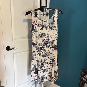Floral Scoop-Neck Mini Dress in White with Gray & Pink Print